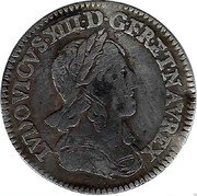 France 1/12 ECU (10 Sols) Louis XIII 1643 D 3 points KM# 132.2 LVDOVICVS XIII D G FR ET NAV REX coin obverse France 1/12 ECU (10 Sols) Louis XIII 1643 D 3 points KM# 132.2 LVDOVICVS XIII D G FR ET NAV REX coin obverse