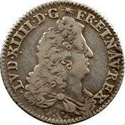 France 1/16 ECU Louis XIV 1686 Crowned L KM# 258.2 LVD XIIII D G FR ET NAV REX coin obverse France 1/16 ECU Louis XIV 1686 Crowned L KM# 258.2 LVD XIIII D G FR ET NAV REX coin obverse
