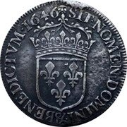 France 1/2 ECU Louis XIV 1646 & KM# 164.23 SIT NOMEN DOMINI & BENEDICTVM 1646 coin reverse France 1/2 ECU Louis XIV 1646 & KM# 164.23 SIT NOMEN DOMINI & BENEDICTVM 1646 coin reverse