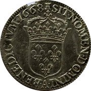 France 1/2 ECU Louis XIV 1668 A KM# 202.1 SIT NOMEN DOMINI A BENEDICTVM 1668 coin reverse France 1/2 ECU Louis XIV 1668 A KM# 202.1 SIT NOMEN DOMINI A BENEDICTVM 1668 coin reverse