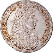 France 1/2 ECU Louis XIV 1673 D KM# 202.3 LVD XIIII D G FR ET NAV REX coin obverse France 1/2 ECU Louis XIV 1673 D KM# 202.3 LVD XIIII D G FR ET NAV REX coin obverse