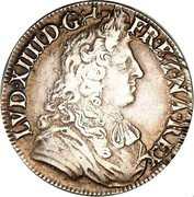 France 1/2 ECU Louis XIV 1674 L KM# 230.6 LVD XIIII D G FR ET NA REX coin obverse France 1/2 ECU Louis XIV 1674 L KM# 230.6 LVD XIIII D G FR ET NA REX coin obverse