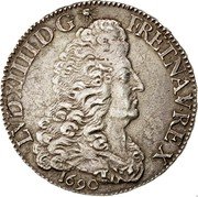 France 1/2 ECU Louis XIV 1690 E KM# 273.4 LVD XIIII D G FR ET NAV REX 1690 coin obverse France 1/2 ECU Louis XIV 1690 E KM# 273.4 LVD XIIII D G FR ET NAV REX 1690 coin obverse