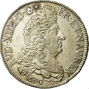 France 1/2 ECU Louis XIV 1690 H KM# 273.6 LVD XIIII D G FR ET NAV REX 1690 coin obverse France 1/2 ECU Louis XIV 1690 H KM# 273.6 LVD XIIII D G FR ET NAV REX 1690 coin obverse