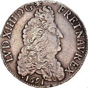 France 1/2 ECU Louis XIV 1691 B KM# 273.2 LVD XIIII D G FR ET NAV REX 1690 coin obverse France 1/2 ECU Louis XIV 1691 B KM# 273.2 LVD XIIII D G FR ET NAV REX 1690 coin obverse