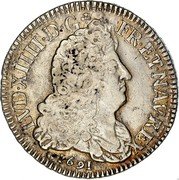 France 1/2 ECU Louis XIV 1691 S KM# 273.14 LVD XIIII D G FR ET NAV REX 1691 coin obverse France 1/2 ECU Louis XIV 1691 S KM# 273.14 LVD XIIII D G FR ET NAV REX 1691 coin obverse