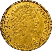 France 1/2 Louis D'or Louis XIII 1640 A KM# 102 LVD XIII D G F ET N REX 1640 coin obverse France 1/2 Louis D'or Louis XIII 1640 A KM# 102 LVD XIII D G F ET N REX 1640 coin obverse