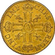 France 1/2 Louis D'or Louis XIII 1640 A KM# 102 CHRS REGN VINC IMP A coin reverse France 1/2 Louis D'or Louis XIII 1640 A KM# 102 CHRS REGN VINC IMP A coin reverse
