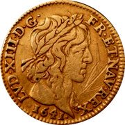 France 1/2 Louis D'or Louis XIII 1641 A KM# 125 LVD XIII D G FR ET NAV REX 1641 coin obverse France 1/2 Louis D'or Louis XIII 1641 A KM# 125 LVD XIII D G FR ET NAV REX 1641 coin obverse