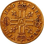 France 1/2 Louis D'or Louis XIII 1641 A KM# 125 CHRS REGN VINC IMP A coin reverse France 1/2 Louis D'or Louis XIII 1641 A KM# 125 CHRS REGN VINC IMP A coin reverse