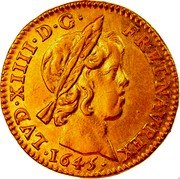 France 1/2 Louis D'or Louis XIV 1645 D KM# 148.2 LVD XIIII D G FR ET NAV REX 1645 coin obverse France 1/2 Louis D'or Louis XIV 1645 D KM# 148.2 LVD XIIII D G FR ET NAV REX 1645 coin obverse