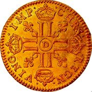 France 1/2 Louis D'or Louis XIV 1645 D KM# 148.2 CHRS REGN VINC IMP D coin reverse France 1/2 Louis D'or Louis XIV 1645 D KM# 148.2 CHRS REGN VINC IMP D coin reverse