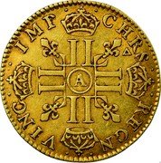 France 1/2 Louis D'or Louis XIV 1646 A KM# 156.1 CHRS REGN VINC IMP A coin reverse France 1/2 Louis D'or Louis XIV 1646 A KM# 156.1 CHRS REGN VINC IMP A coin reverse