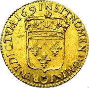 France 1/2 Louis D'or Louis XIV 1691 N KM# 277.11 SIT NOMEN DOMINI BENEDICTVM 1691 N coin reverse France 1/2 Louis D'or Louis XIV 1691 N KM# 277.11 SIT NOMEN DOMINI BENEDICTVM 1691 N coin reverse