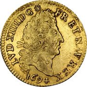 France 1/2 Louis D'or Louis XIV 1694 A KM# 301.1 LVD XIIII D G FR ET NAV REX 1694 coin obverse France 1/2 Louis D'or Louis XIV 1694 A KM# 301.1 LVD XIIII D G FR ET NAV REX 1694 coin obverse