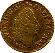 France 1/2 Louis D'or Louis XIV 1695 BB KM# 301.3 LVD XIIII D G FR ET NAV REX 1694 coin obverse France 1/2 Louis D'or Louis XIV 1695 BB KM# 301.3 LVD XIIII D G FR ET NAV REX 1694 coin obverse