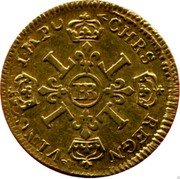 France 1/2 Louis D'or Louis XIV 1695 BB KM# 301.3 CHRS REGN VINC IMP BB L L L L coin reverse France 1/2 Louis D'or Louis XIV 1695 BB KM# 301.3 CHRS REGN VINC IMP BB L L L L coin reverse