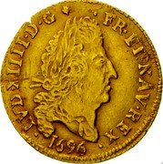 France 1/2 Louis D'or Louis XIV 1696 C KM# 301.4 LVD XIIII D G FR ET NAV REX 1696 coin obverse France 1/2 Louis D'or Louis XIV 1696 C KM# 301.4 LVD XIIII D G FR ET NAV REX 1696 coin obverse