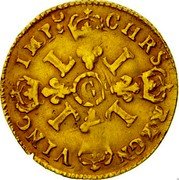 France 1/2 Louis D'or Louis XIV 1696 C KM# 301.4 CHRS REGN VINC IMP G L L L L coin reverse France 1/2 Louis D'or Louis XIV 1696 C KM# 301.4 CHRS REGN VINC IMP G L L L L coin reverse