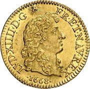 France 1/2 Louis D'or Louis XIV 1668 A KM# 218.1 LVD XIIII D G FR ET NAV REX 1677 coin obverse France 1/2 Louis D'or Louis XIV 1668 A KM# 218.1 LVD XIIII D G FR ET NAV REX 1677 coin obverse