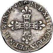 France 1/4 ECU Louis XIII 1641 AR KM# 47.22 LVD XIII D G FRAN ET NAV REX 1641 AR coin obverse France 1/4 ECU Louis XIII 1641 AR KM# 47.22 LVD XIII D G FRAN ET NAV REX 1641 AR coin obverse