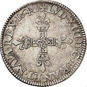 France 1/4 ECU Louis XIII 1642 A KM# 47.1 LVD XIII D G FRAN ET NAVA REX 1642 coin obverse France 1/4 ECU Louis XIII 1642 A KM# 47.1 LVD XIII D G FRAN ET NAVA REX 1642 coin obverse
