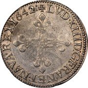 France 1/4 ECU Louis XIII 1642 D KM# 47.4 LVD XIII D G FRAN ET NAVA REX 1642 coin obverse France 1/4 ECU Louis XIII 1642 D KM# 47.4 LVD XIII D G FRAN ET NAVA REX 1642 coin obverse