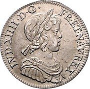 France 1/4 ECU Louis XIV 1643 A Point KM# 161.1 LVD XIIII D G FR ET NAV REX coin obverse France 1/4 ECU Louis XIV 1643 A Point KM# 161.1 LVD XIIII D G FR ET NAV REX coin obverse