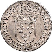 France 1/4 ECU Louis XIV 1643 A Point KM# 161.1 SIT NOMEN DOMINI A BENEDICTVM 1644 coin reverse France 1/4 ECU Louis XIV 1643 A Point KM# 161.1 SIT NOMEN DOMINI A BENEDICTVM 1644 coin reverse