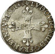 France 1/4 ECU Louis XIII 1643 F KM# 47.6 LVDOVIC XIII D G FRAN ET NAV REX 1643 coin obverse France 1/4 ECU Louis XIII 1643 F KM# 47.6 LVDOVIC XIII D G FRAN ET NAV REX 1643 coin obverse