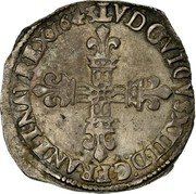 France 1/4 ECU Louis XIII 1643 K KM# 47.10 LVDOVICVS XIII D G FRAN ET NAV REX 1643 coin obverse France 1/4 ECU Louis XIII 1643 K KM# 47.10 LVDOVICVS XIII D G FRAN ET NAV REX 1643 coin obverse