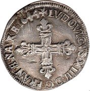 France 1/4 ECU Louis XIV 1644 L KM# 142.10 LVDOVICVS XIIII D G FRAN E NA RE 1644 coin obverse France 1/4 ECU Louis XIV 1644 L KM# 142.10 LVDOVICVS XIIII D G FRAN E NA RE 1644 coin obverse
