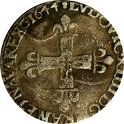 France 1/4 ECU Louis XIV 1644 M KM# 142.11 LVDOVIC XIIII D G FRAN ET NAVA REX G 1644 coin obverse France 1/4 ECU Louis XIV 1644 M KM# 142.11 LVDOVIC XIIII D G FRAN ET NAVA REX G 1644 coin obverse