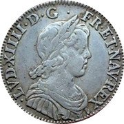France 1/4 ECU Louis XIV 1648 K KM# 162.11 LVD XIIII D G FR ET NAV REX coin obverse France 1/4 ECU Louis XIV 1648 K KM# 162.11 LVD XIIII D G FR ET NAV REX coin obverse