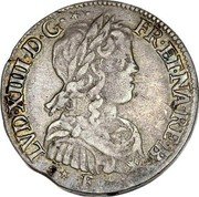 France 1/4 ECU Louis XIV 1655 KM# 187.2 LVD XIIII D G FR ET NA RE BD coin obverse France 1/4 ECU Louis XIV 1655 KM# 187.2 LVD XIIII D G FR ET NA RE BD coin obverse