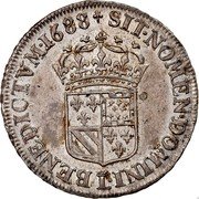 France 1/4 ECU Louis XIV 1688 Crowned L KM# 260.2 SIT NOMEN DOMINI L BENEDICTVM 1688 coin reverse