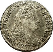 France 1/4 ECU Louis XIV 1691 Numeral 9 KM# 270.15 LVD XIIII D G FR ET NAV REX 1691 coin obverse France 1/4 ECU Louis XIV 1691 Numeral 9 KM# 270.15 LVD XIIII D G FR ET NAV REX 1691 coin obverse
