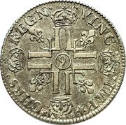 France 1/4 ECU Louis XIV 1691 Numeral 9 KM# 270.15 CHRS REGN VINC IMP 9 coin reverse France 1/4 ECU Louis XIV 1691 Numeral 9 KM# 270.15 CHRS REGN VINC IMP 9 coin reverse
