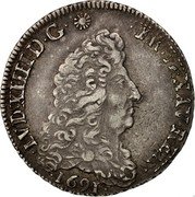 France 1/4 ECU Louis XIV 1691 O KM# 270.10 LVD XIIII D G FR ET NAV REX 1691 coin obverse France 1/4 ECU Louis XIV 1691 O KM# 270.10 LVD XIIII D G FR ET NAV REX 1691 coin obverse