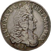 France 1/4 ECU Louis XIV 1691 P KM# 270.11 LUD XIV D G FR ET NAV REX 1691 coin obverse France 1/4 ECU Louis XIV 1691 P KM# 270.11 LUD XIV D G FR ET NAV REX 1691 coin obverse