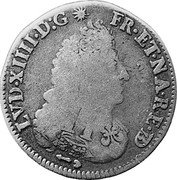 France 1/4 ECU Louis XIV 1695 KM# 294 LVD XIIII D G FR ET NA RE BD coin obverse France 1/4 ECU Louis XIV 1695 KM# 294 LVD XIIII D G FR ET NA RE BD coin obverse