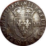 France 1/8 ECU Louis XIII 1645 M KM# 141.9 SIT NOMEN DOMINI BENEDICTVM M V III coin reverse France 1/8 ECU Louis XIII 1645 M KM# 141.9 SIT NOMEN DOMINI BENEDICTVM M V III coin reverse