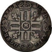 France 15 Deniers Louis XIV 1693 M KM# 285.11 LVD XIIII D G FR ET N R LL M coin obverse France 15 Deniers Louis XIV 1693 M KM# 285.11 LVD XIIII D G FR ET N R LL M coin obverse