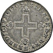 France 16 Deniers Louis XIV 1702 BB KM# 311 SIT. NOMEN. DNI. BENEDICTVM. 1705 coin reverse France 16 Deniers Louis XIV 1702 BB KM# 311 SIT. NOMEN. DNI. BENEDICTVM. 1705 coin reverse