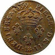 France 2 Deniers (Tournois) Louis XIV 1699 BB KM# 309 PIECE DE II BB DENIERS 1699 coin reverse France 2 Deniers (Tournois) Louis XIV 1699 BB KM# 309 PIECE DE II BB DENIERS 1699 coin reverse