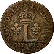 France 3 Deniers (Liard) Louis XIV 1649 A KM# 171 L A III DEN ROY DE FR ET DE NAV coin reverse France 3 Deniers (Liard) Louis XIV 1649 A KM# 171 L A III DEN ROY DE FR ET DE NAV coin reverse