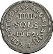 France 4 Sols Louis XIV 1682 KM# 247 GLORIA. IN. EXCELSIS. DEO. .IIII..SOLS. .1682. coin reverse France 4 Sols Louis XIV 1682 KM# 247 GLORIA. IN. EXCELSIS. DEO. .IIII..SOLS. .1682. coin reverse