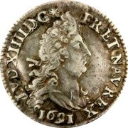 France 4 Sols 2 Deniers Louis XIV 1691 A KM# 281.1 LVD XIIII D G FR ET NAV REX 1691 coin obverse France 4 Sols 2 Deniers Louis XIV 1691 A KM# 281.1 LVD XIIII D G FR ET NAV REX 1691 coin obverse