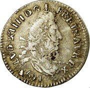 France 4 Sols 2 Deniers Louis XIV 1691 Crowned M KM# 281.21 LVD XIIII D G FR ET NAV REX 1691 coin obverse France 4 Sols 2 Deniers Louis XIV 1691 Crowned M KM# 281.21 LVD XIIII D G FR ET NAV REX 1691 coin obverse