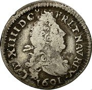 France 4 Sols 2 Deniers Louis XIV 1691 Crowned S KM# 281.22 LVD XIIII D G FR ET NAV REX 1691 coin obverse France 4 Sols 2 Deniers Louis XIV 1691 Crowned S KM# 281.22 LVD XIIII D G FR ET NAV REX 1691 coin obverse